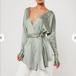 green satin plunge tie waist blouse